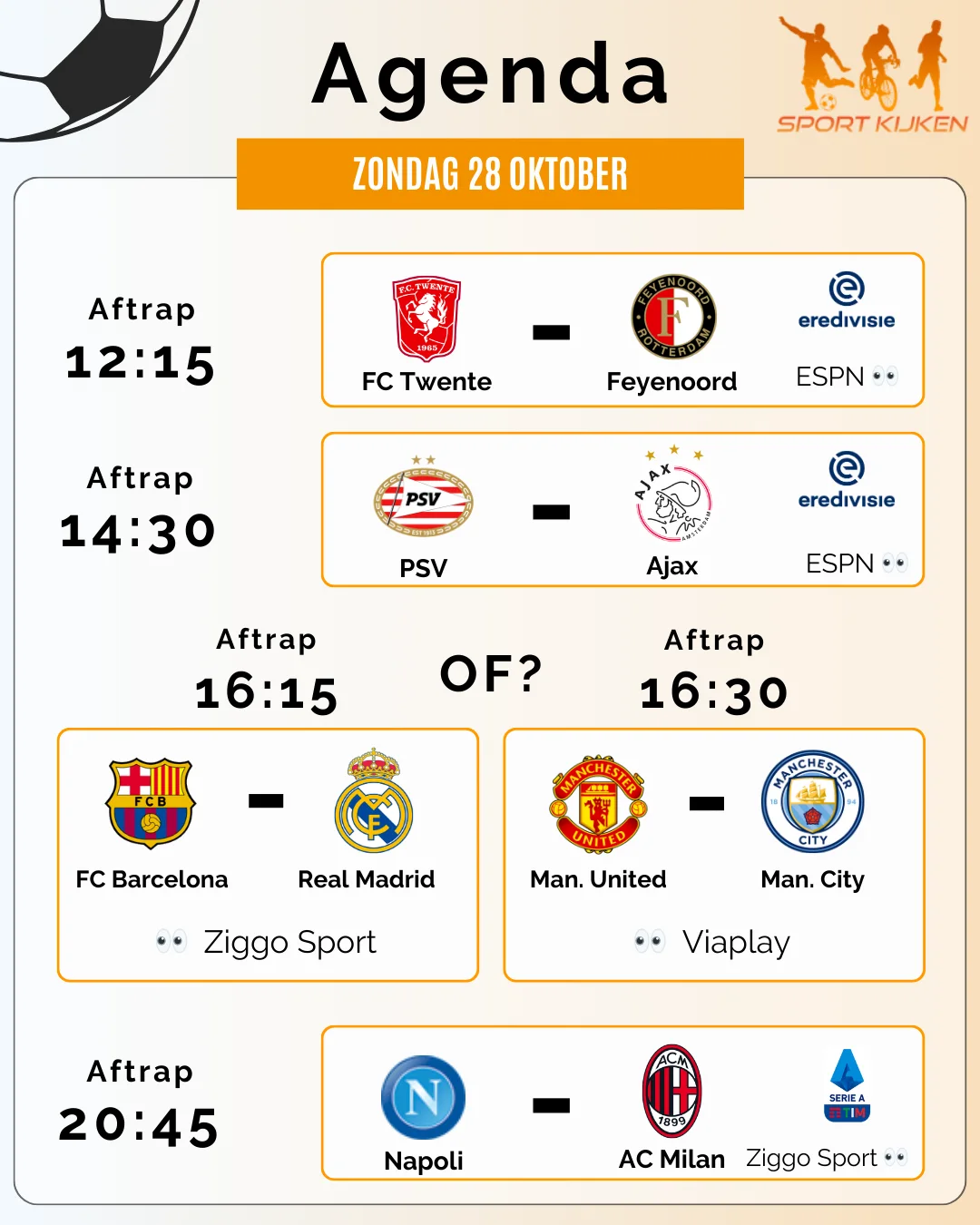 Agenda voetbaldag zondag 28 oktober 2023